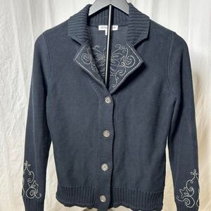 PENDLETON SZ XS WOMENS BUTTON FRONT LONG SLEEVE SWEATER BLACK EMBROIDERED COLLAR